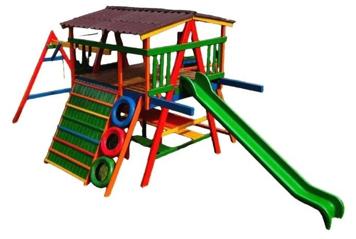 Parque infantil de madeira 9 em 1 com deck, escorregador, trepa-trepa de pneus, balanços e mesa com bancos