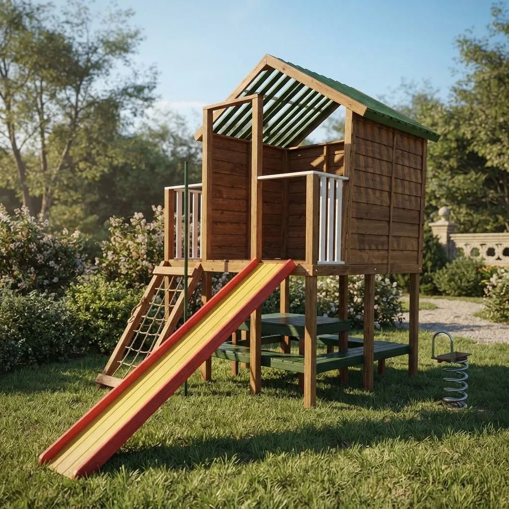Playground infantil suspenso de madeira com casinha aberta, escorregador de 2,50 m e mesa sob a casinha